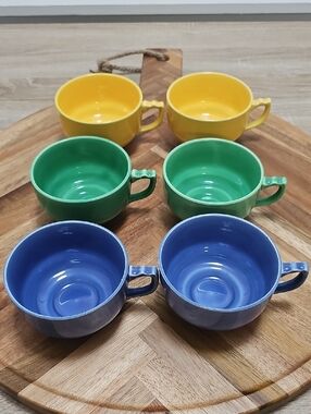 6 Homer Laughlin Riviera Mugs - Yellow, Green, Blue